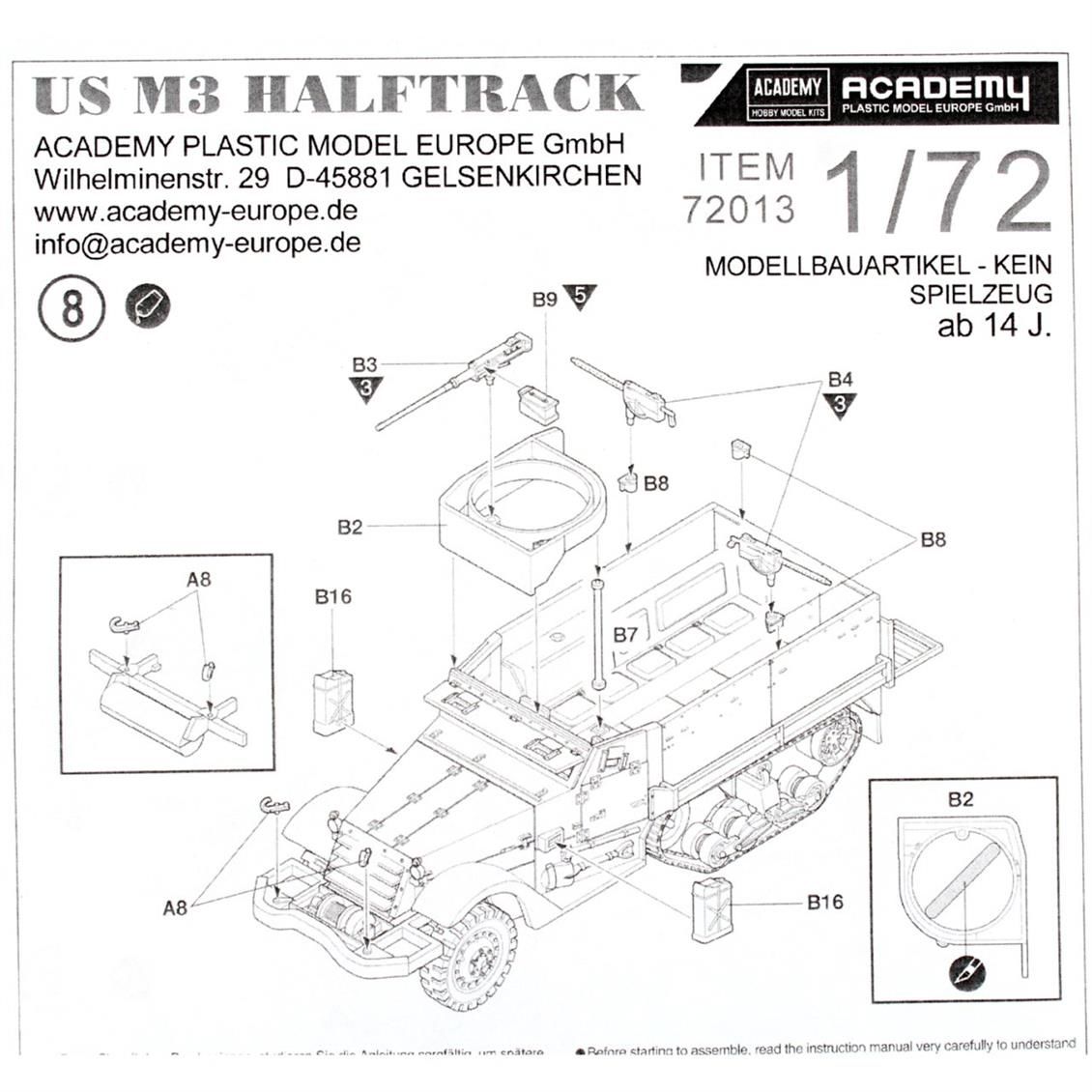 Academy 72013 1/72 Ölçek, Amerikan M3 Yarı Paletli Tankı, Plastik Model kiti