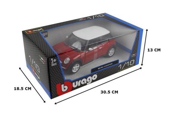 Bburago 12034 1/18 Ölçek, 2001 Mini Cooper, Kırmızı-Beyaz Tavanlı, Sergilemeye Hazır Metal Araba Modeli