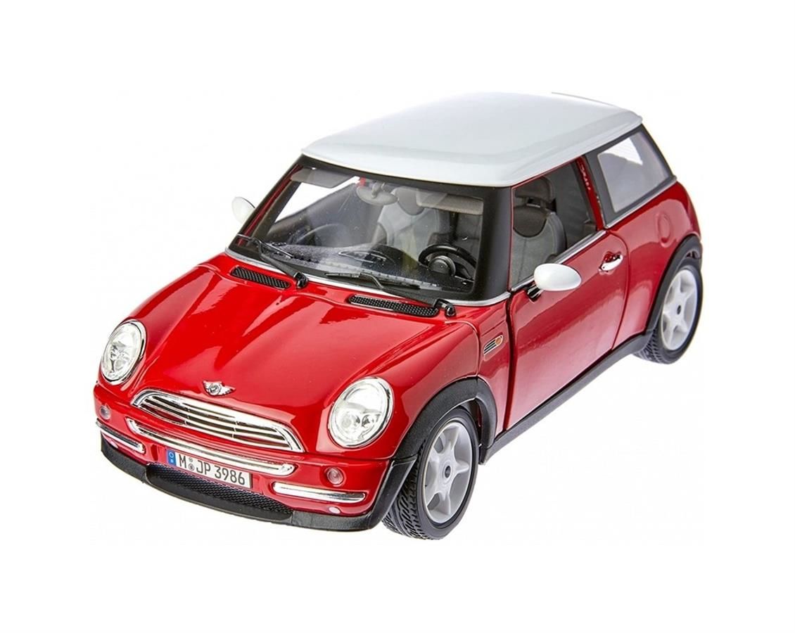 Bburago 12034 1/18 Ölçek, 2001 Mini Cooper, Kırmızı-Beyaz Tavanlı, Sergilemeye Hazır Metal Araba Modeli