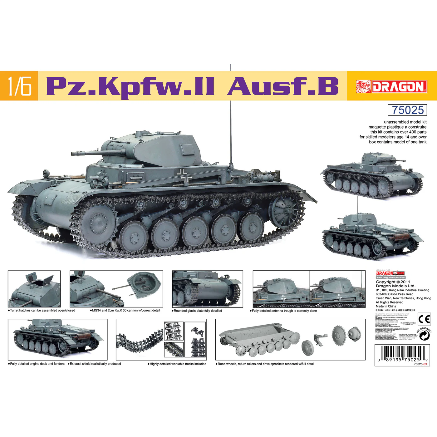 Dragon 75025 1/6 Ölçek, Pz.Kpfw.II Ausf.B Hafif Tankı Plastik Model Kiti