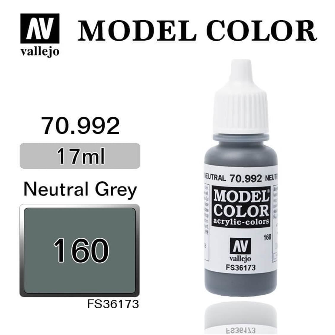 Vallejo 70992 17 ml. (160) Neutral Grey-Matt, Model Color Serisi Model Boyası