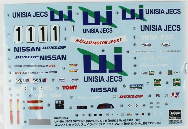 Hasegawa 20705 1/24 Ölçek, Nissan Unisia JECS Skyline (Skyline GT-R [BNR32 Gr.A] 1993 JTC), Otomobil Plastik Model Kiti