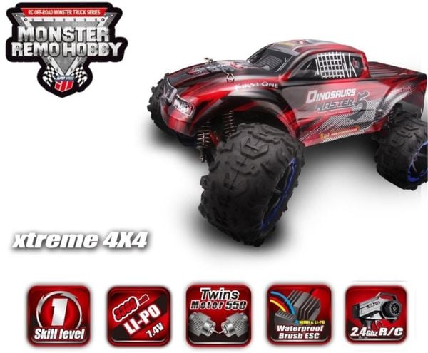 Remo 8032 1/8 Ölçek, 4WD Off Road Monster Truck (Dinosaurs Master) Kırmızı Kaportalı, Fırçalı Çift Motorlu, 7.4V 4200Mah Li-Po