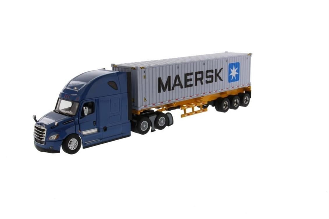 Diecast Masters 71048 1/50 Ölçek, Freightliner New Cascadia Kabinli Çekici, Dorse ve 40 lık Konteyner, Kapıları Açılır, Mavi-Sa