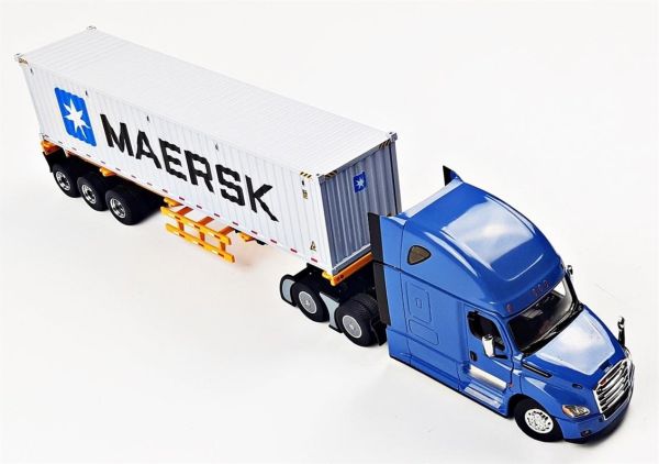 Diecast Masters 71048 1/50 Ölçek, Freightliner New Cascadia Kabinli Çekici, Dorse ve 40 lık Konteyner, Kapıları Açılır, Mavi-Sa