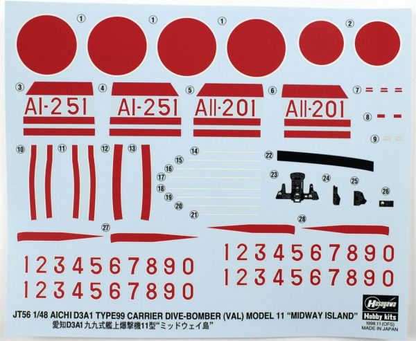Hasegawa JT56 19156 1/48 Ölçek, Aichi D3A1 Type 99 Carrier Dive Bomber, Savaş Uçağı, Plastik Model kiti