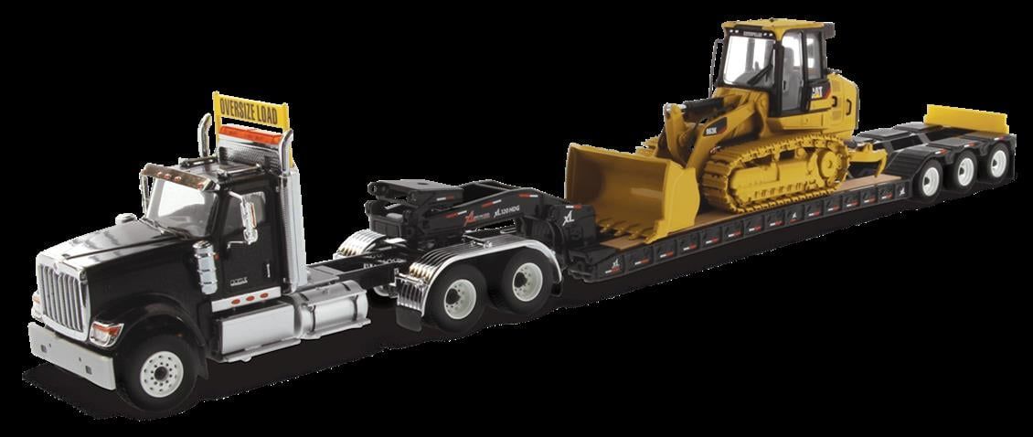 Diecast Masters 85599 1/50 Ölçek, International HX520 Siyah Çekici + XL 120 Dorse ve Cat 963K Dozer, Sergilemeye Hazır Metal Mo