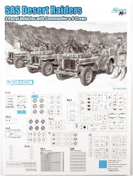 Dragon 6931 1/35 Ölçek, Cip (3 adet), SAS Çöl Komandoları (3 adet) ve Komutanları Plastik Model Kit Seti