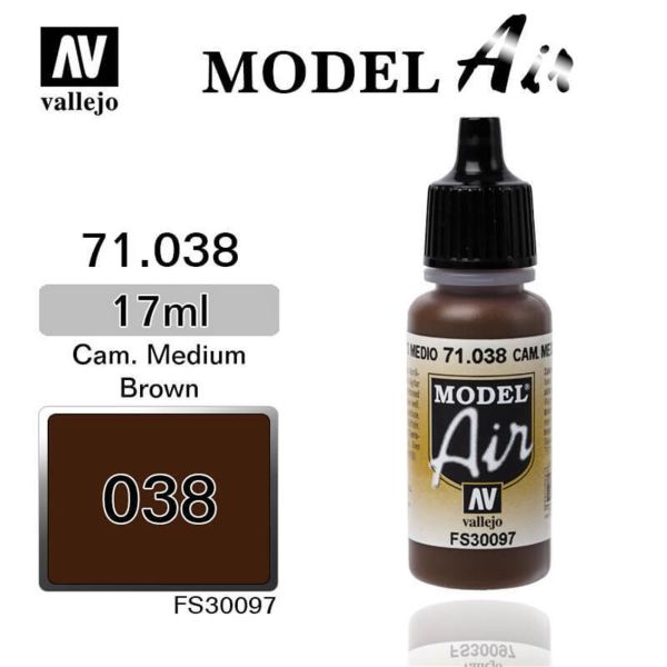 Vallejo 71038 17 ml. Camouflage Medium Brown, Model Air Serisi Model Boyası