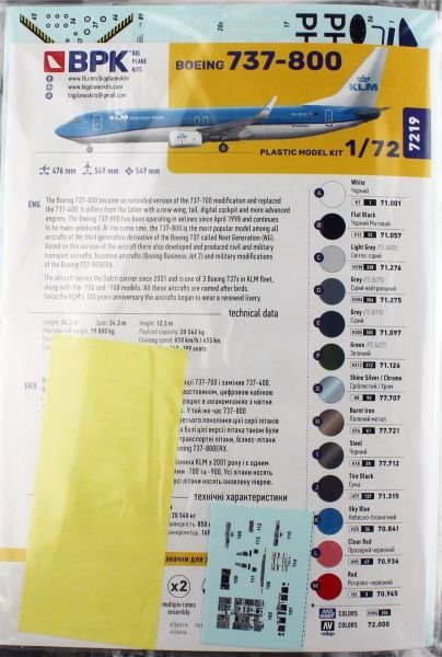 Big Planes Kits 7219 1/72 Ölçek, 737-800 KLM Yolcu Uçağı, Plastik Model kiti