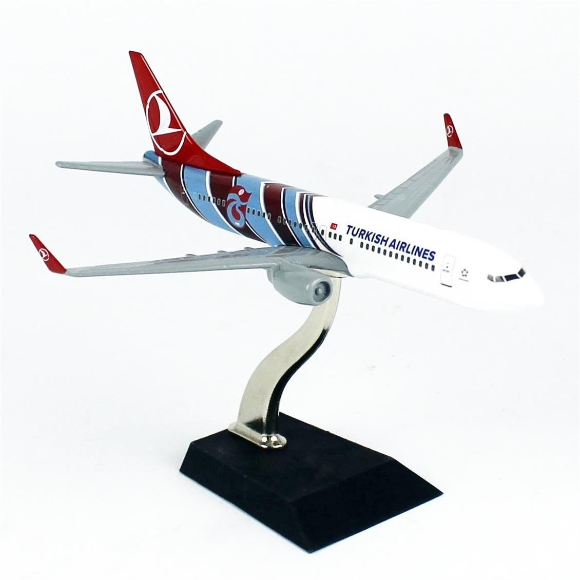 THY054 1/250 Ölçek, THY Trabzonspor Logolu Boeing B737-800 Yolcu Uçağı, Sergilemeye Hazır Ahşap Standlı Metal Model