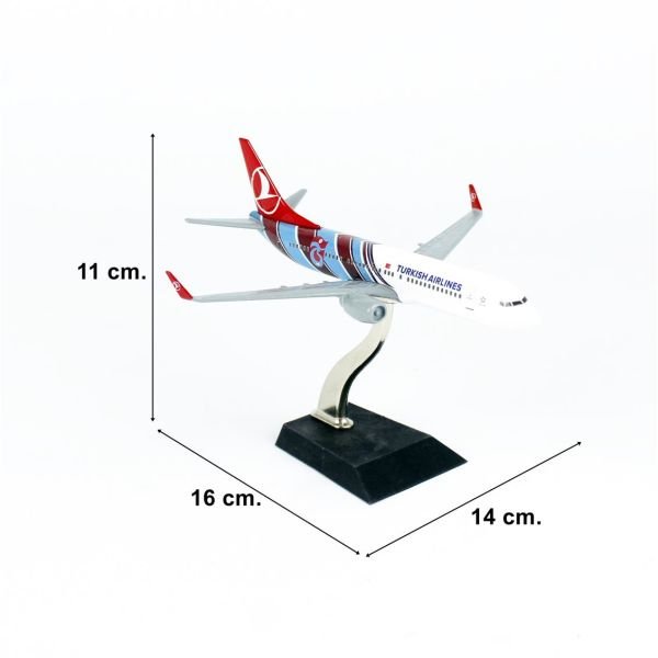 THY054 1/250 Ölçek, THY Trabzonspor Logolu Boeing B737-800 Yolcu Uçağı, Sergilemeye Hazır Ahşap Standlı Metal Model