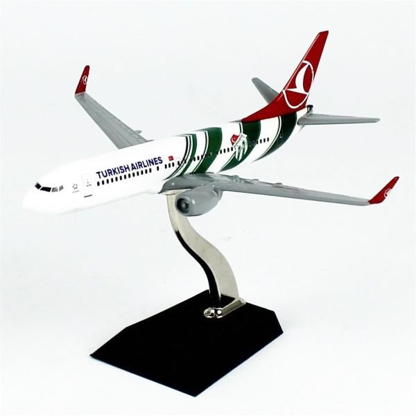 THY058 1/250 Ölçek, Bursaspor Logolu Boeing B737-800 Yolcu Uçağı, Sergilemeye Hazır Ahşap Standlı Metal Model