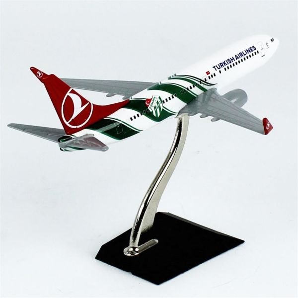 THY058 1/250 Ölçek, Bursaspor Logolu Boeing B737-800 Yolcu Uçağı, Sergilemeye Hazır Ahşap Standlı Metal Model