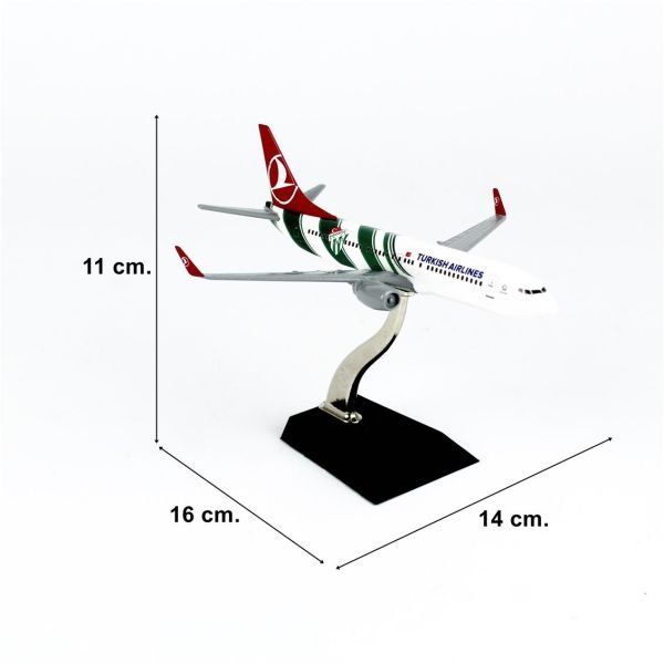 THY058 1/250 Ölçek, Bursaspor Logolu Boeing B737-800 Yolcu Uçağı, Sergilemeye Hazır Ahşap Standlı Metal Model