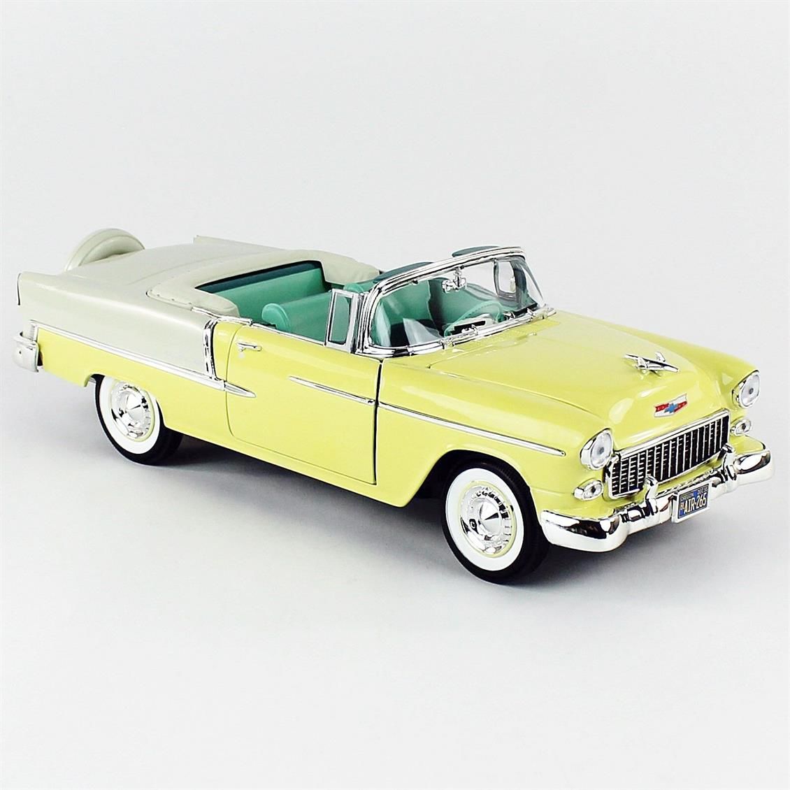 Autoworld AMM1285 1/18 Ölçek, 1955 Chevy Bel Air Convertible, Yellow, Sergilemeye Hazır Metal Araba Maketi