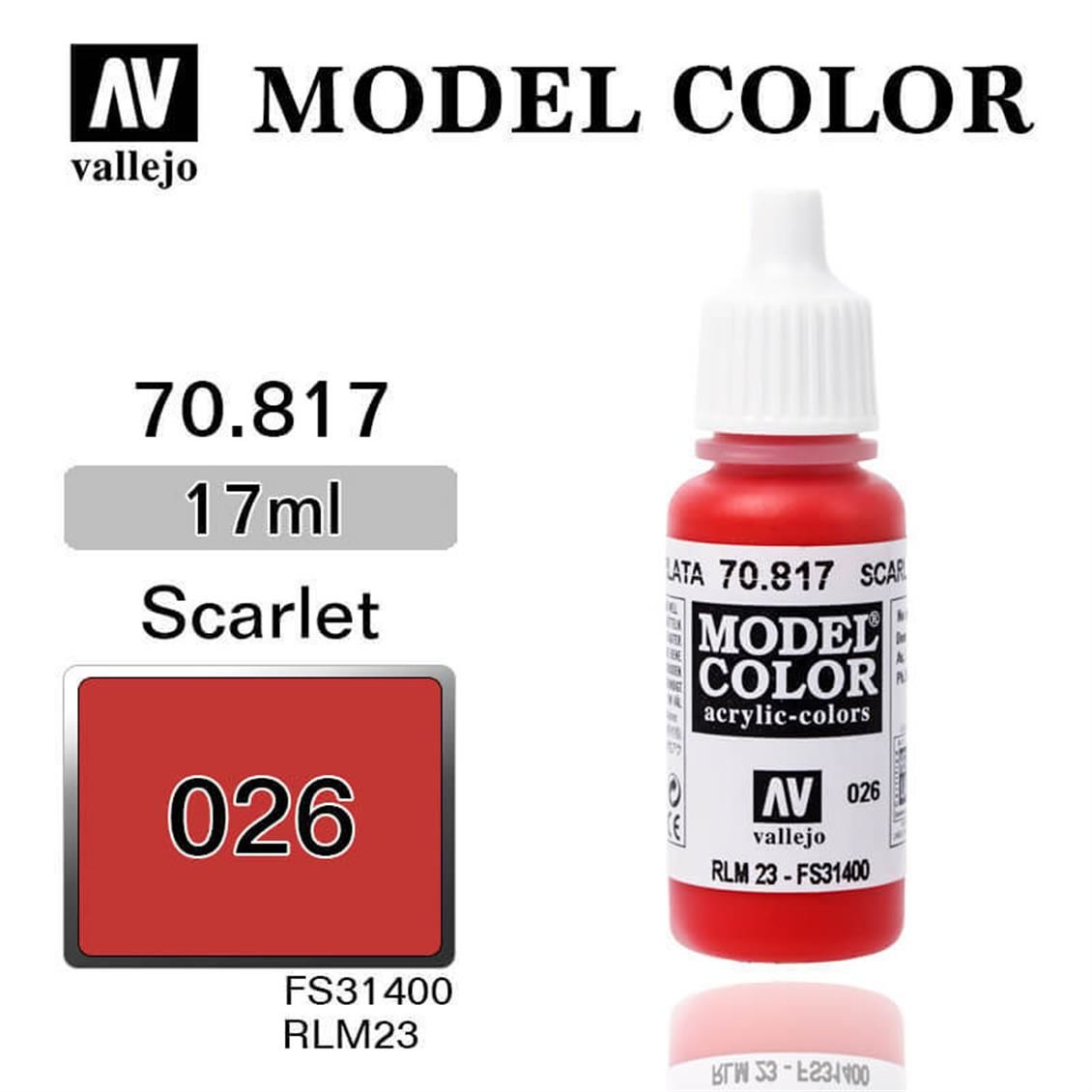 Vallejo 70817 17 ml. (26) Scarlet-Matt, Model Color Serisi Model Boyası