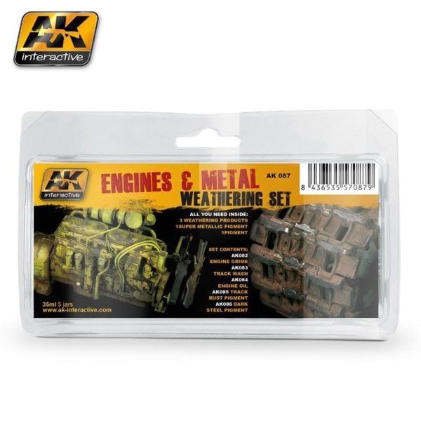 AK Interactive 087 5x35 ml. Motor ve Metal Efektleri, Enamel Model Boyası Seti