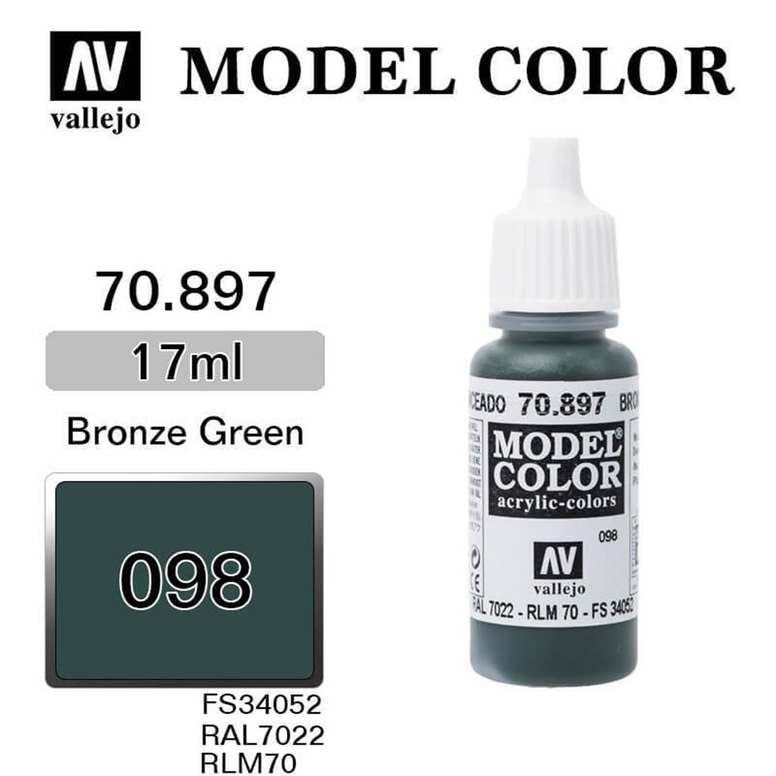 Vallejo 70897 17 ml. (98) Bronze Green-Matt, Model Color Serisi Model Boyası