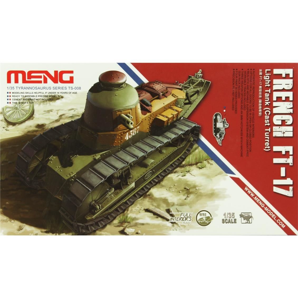 Meng TS-008 1/35 Ölçek, Fransız, Döküm Namlulu FT-17 Hafif Tankı, Plastik Model kiti