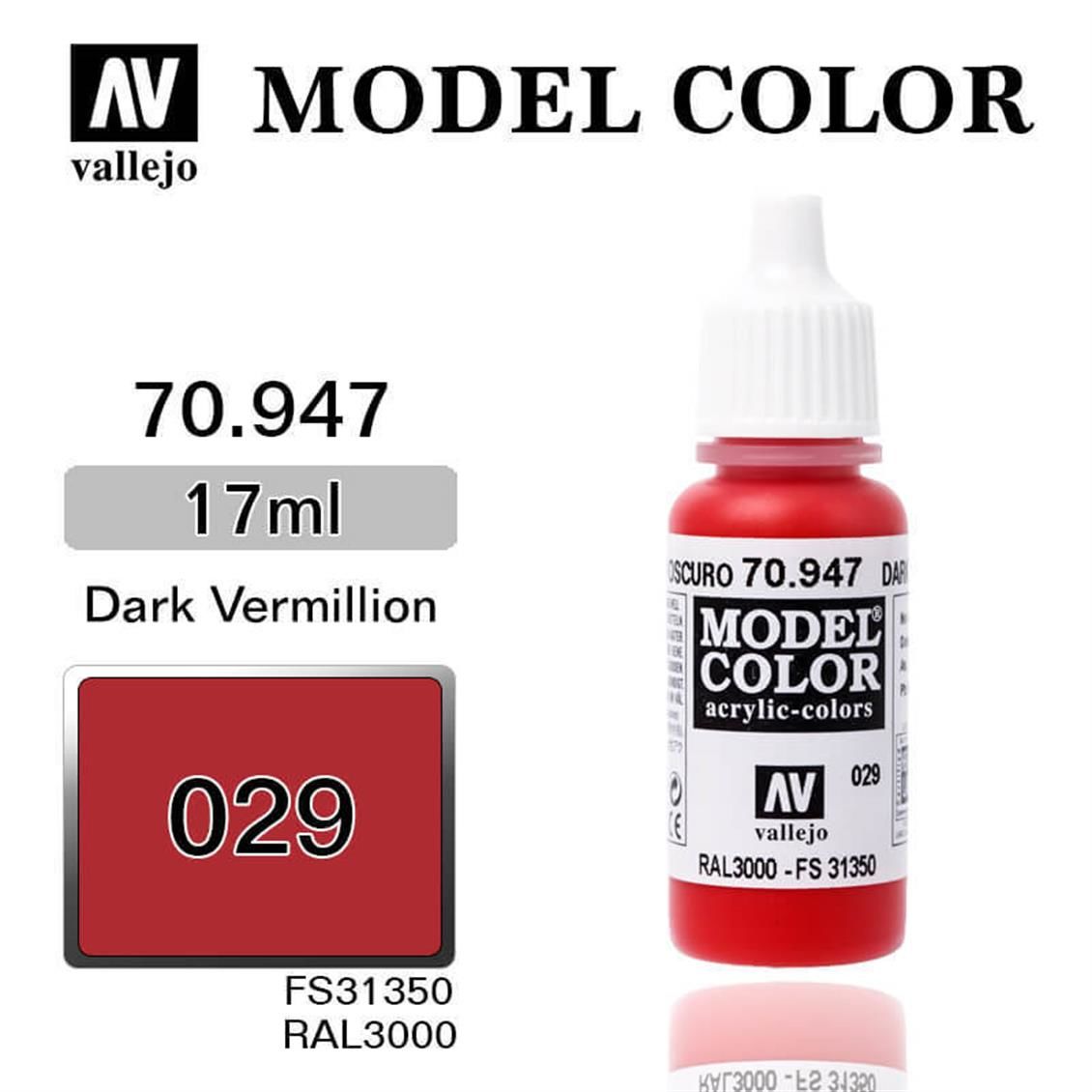 Vallejo 70947 17 ml. (29) Dark Vermillion-Matt, Model Color Serisi Model Boyası