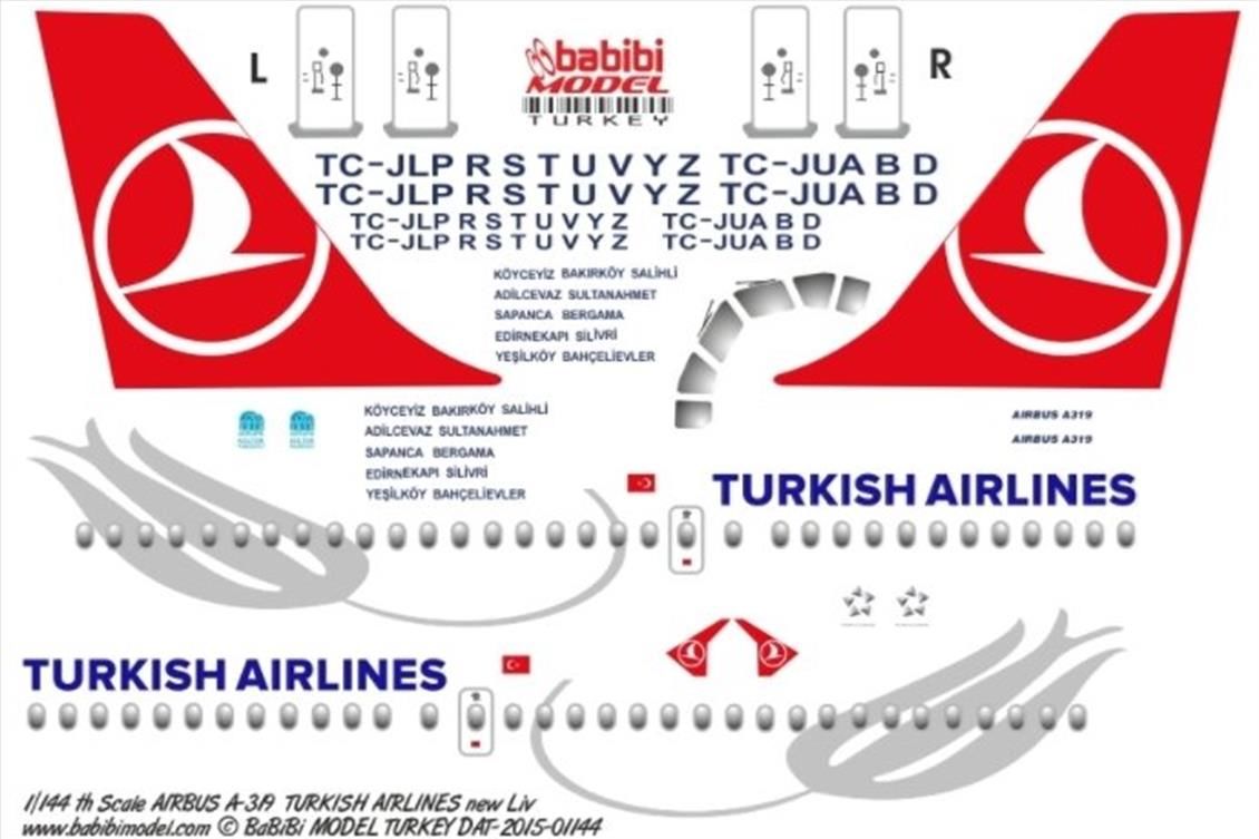 Babibi DAT01145 1/200 Ölçek, Thy, Airbus A319, Dekal Çıkartma