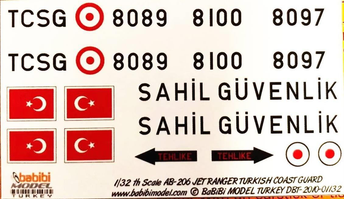 Babibi DBT01132 1/32 Ölçek, Türk Sahil Güvenliği, AB-206, Dekal Çıkartma