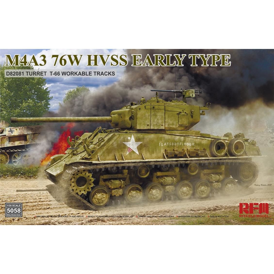 RFM 5058 1/35 Ölçek, M4A3 76W HVSS Erken Dönem, D82081 Namlu, T-66 Paletli Tankı, Plastik Model kiti