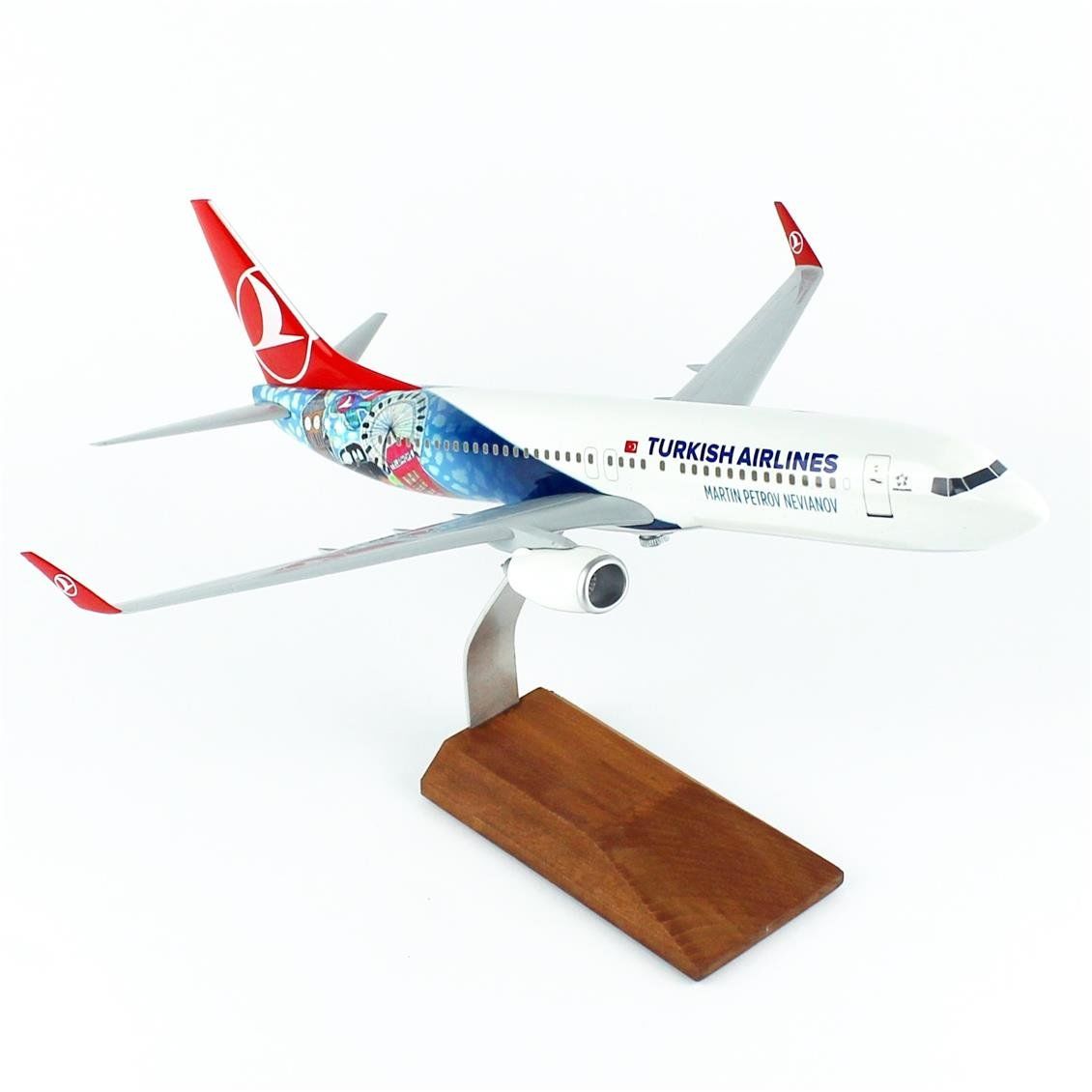 THY004 1/100 Ölçek, THY London Logolu B737-800 Yolcu Uçağı, Sergilemeye Hazır Ahşap Standlı Model