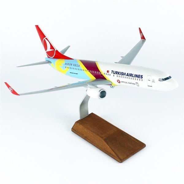 THY007 1/100 Ölçek, THY Aston Villa Logolu B737-800 Yolcu Uçağı, Sergilemeye Hazır Ahşap Standlı Model