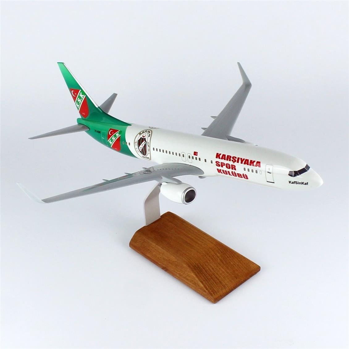 THY038 1/100 Ölçek, THY Karşıyaka Spor Logolu B737-800 Yolcu Uçağı, Sergilemeye Hazır Ahşap Standlı Model