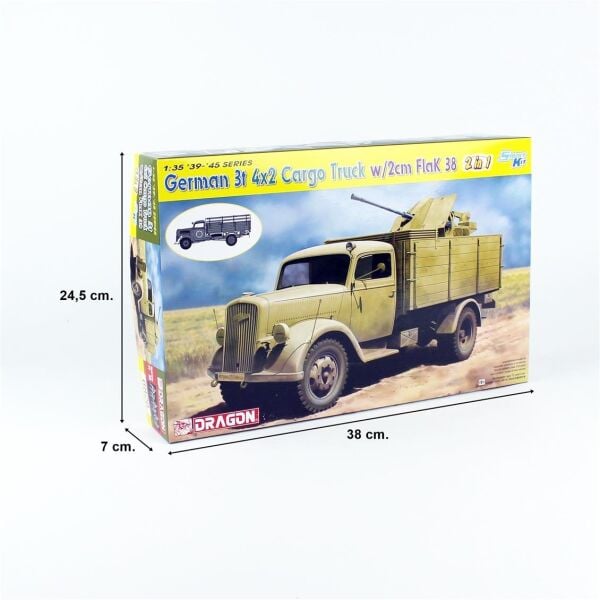 Dragon 6828 1/35 Ölçek, German 3t 4x2 Truck w/2cm FlaK 38 (2 in 1), Uçaksavarlı Askeri Kamyon Plastik Model Kiti