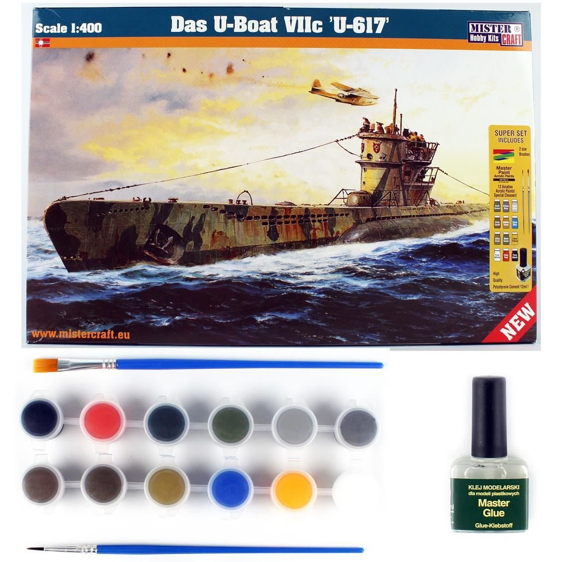 Mistercraft D290ST 1/400 Ölçek, Das U-Boat VIIC (U-617) Denizaltı, Plastik Model kiti, (12xBoya,2xFırça,Yapıştırıcılı Başlangıç