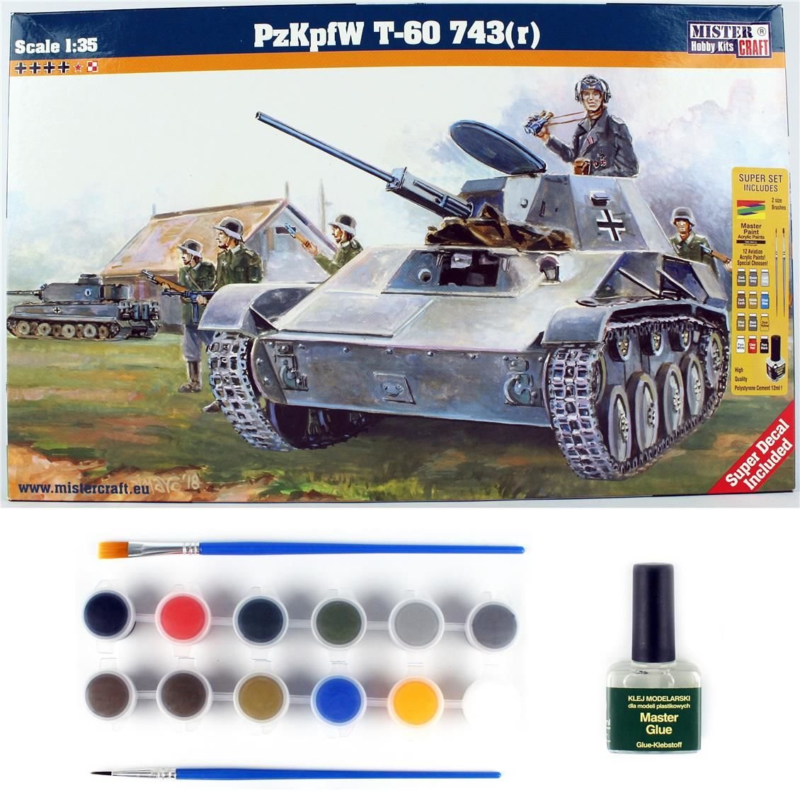 Mistercraft E003ST 1/35 Ölçek, PzKpfW T-60 743R Tankı, Plastik Model kiti, (12xBoya,2xFırça,Yapıştırıcılı Başlangıç Seti)