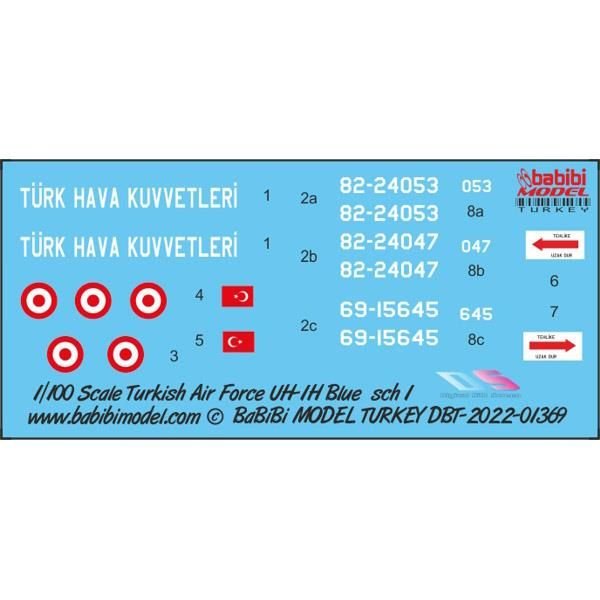 Babibi DBT-01369 1/100 Ölçek, UH-1H Irak Türk Hava Kuvvetleri Mavi Kamuflajı, Dekal Çıkartma