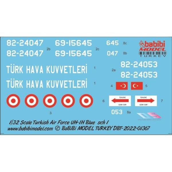 Babibi DBT-01367 1/32 Ölçek, UH-1H Irak Türk Hava Kuvvetleri Mavi Kamuflajı, Dekal Çıkartma