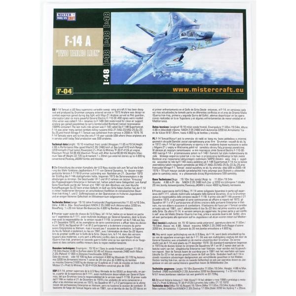 Mistercraft G004 1/48 Ölçek, F-14A Tomcat (İki Kuyruklu Arslan) Savaş Uçağı, Plastik Model kiti