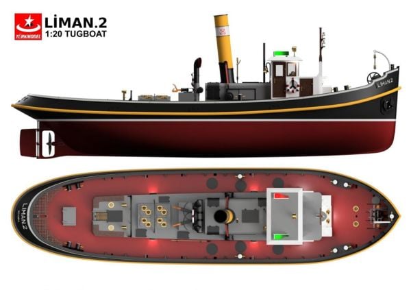 Türk Model 1/20 124 Liman 2 Römorkörü, R/C Dönüşebilir, İç Detaylı ve Aydınlatma Ledli, 100 cm. Ahşap Model Kiti