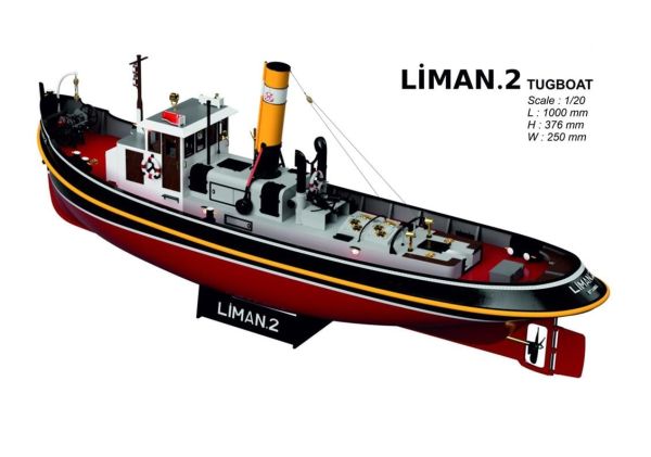 Türk Model 1/20 124 Liman 2 Römorkörü, R/C Dönüşebilir, İç Detaylı ve Aydınlatma Ledli, 100 cm. Ahşap Model Kiti