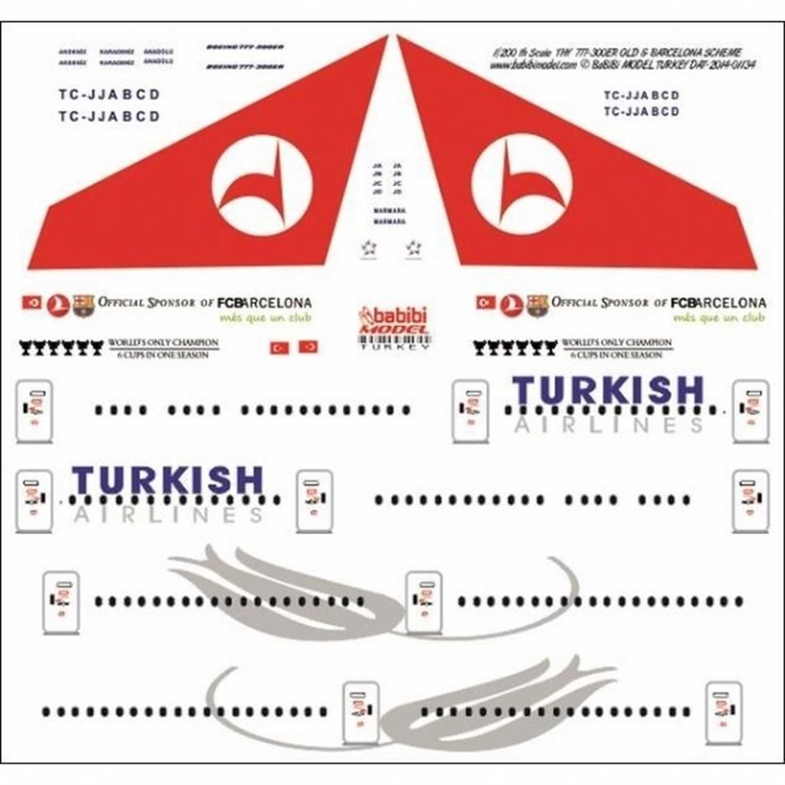 Babibi DAT01134 1/200 Ölçek, Thy, Boeing 777-300ER, Old & Barcelona, Dekal Çıkartma