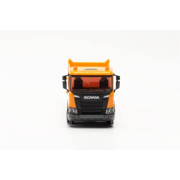 Herpa 316996 1/87 Ölçek, Scania XT17 Meiler Üç Yöne Damperli Kamyon, Turuncu, Sergilemeye Hazır Model Araç