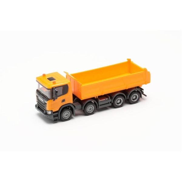 Herpa 316996 1/87 Ölçek, Scania XT17 Meiler Üç Yöne Damperli Kamyon, Turuncu, Sergilemeye Hazır Model Araç