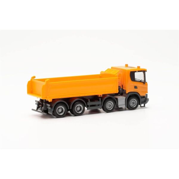 Herpa 316996 1/87 Ölçek, Scania XT17 Meiler Üç Yöne Damperli Kamyon, Turuncu, Sergilemeye Hazır Model Araç