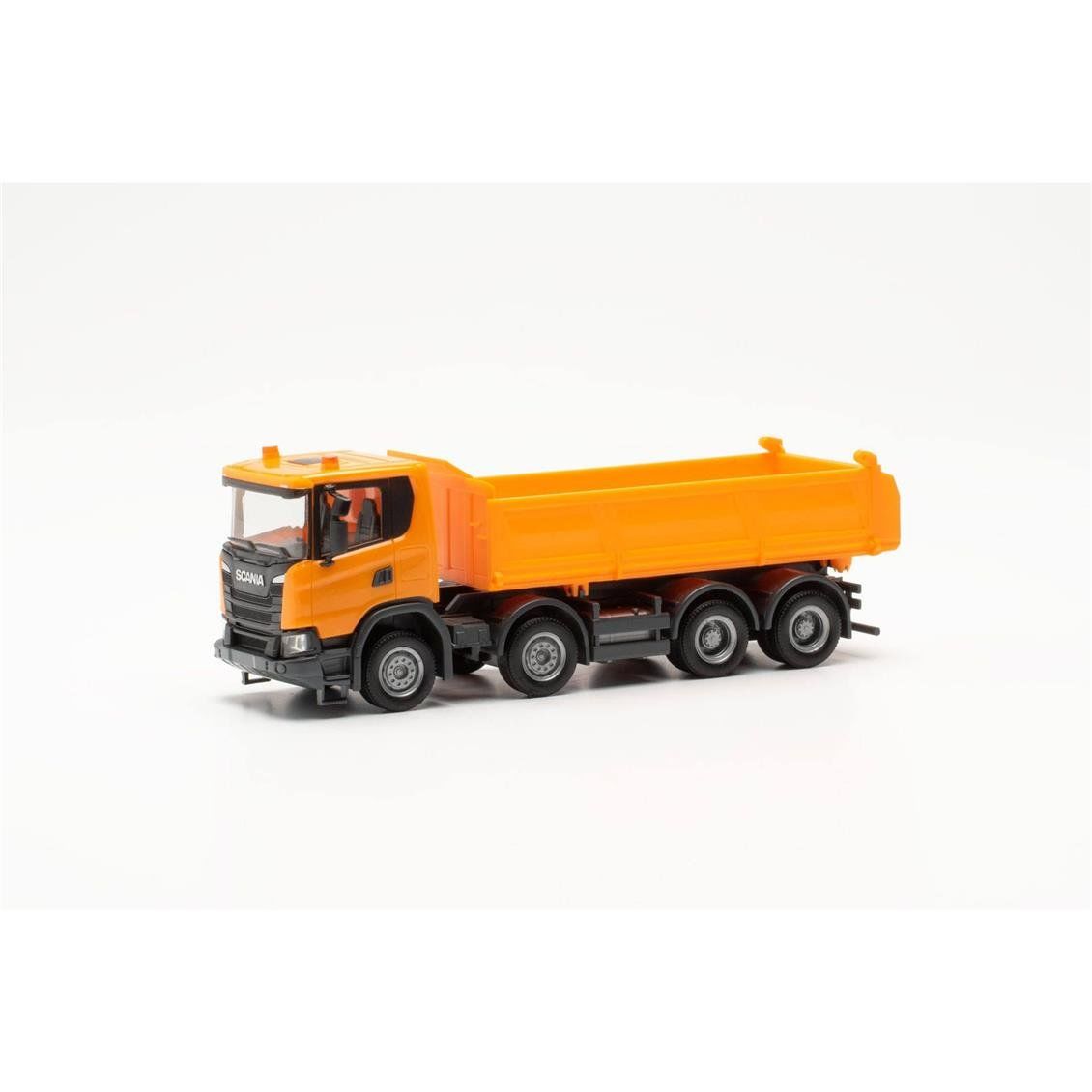 Herpa 316996 1/87 Ölçek, Scania XT17 Meiler Üç Yöne Damperli Kamyon, Turuncu, Sergilemeye Hazır Model Araç