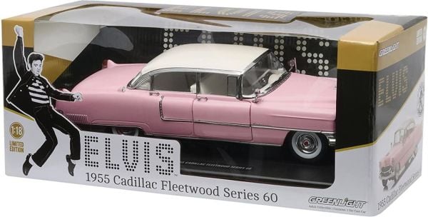 Greenlight 12950 1/18 Ölçek, 1955 Cadillac Fleetwood (Elvis Presley Özel), Pembe-Beyaz Tavan, Sergilemeye Hazır Metal Araba Mod