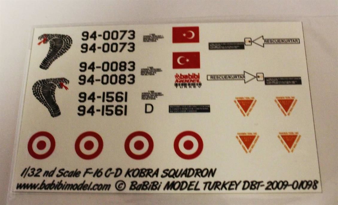 Babibi DBT01098 1/32 Ölçek, Turaf F-16 C/D, 191.Kobra Filo, Dekal Çıkartma