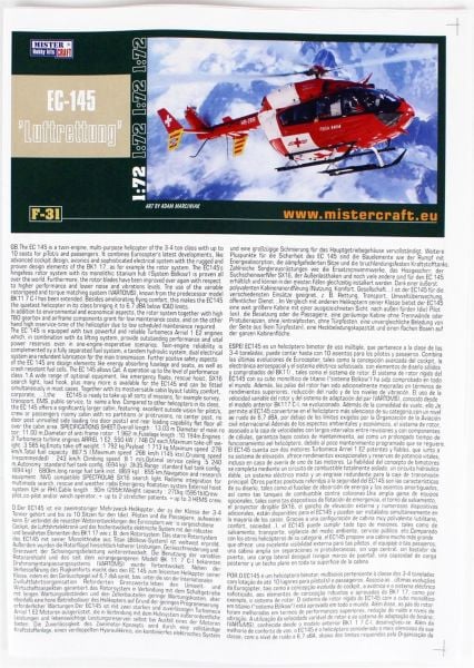 Mistercraft F031 1/72 Ölçek, EC-145 Medicopter 117 (Rega) Çok Amaçlı helikopter, Plastik Model kiti