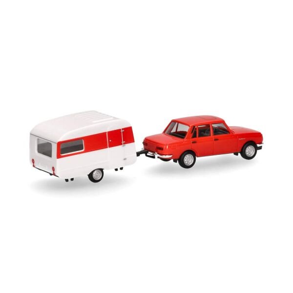 Herpa 028585 1/87 Ölçek, Wartburg 1982 Limuzin ve Çekme Karavan, Turuncu-Beyaz, Sergilemeye Hazır Model Araç