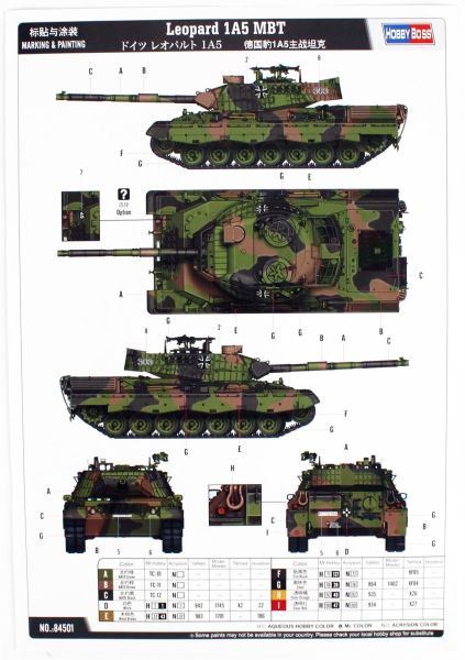 HobbyBoss 84501 1/35 Ölçek, Leopard 1A5 Ana Muhabere Tankı, Plastik Model kiti